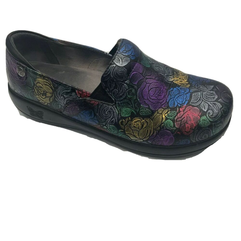 Women Alegria KEL-466 Black Floral Pattern Leather Slip-on Loafers Size 40 Clogs